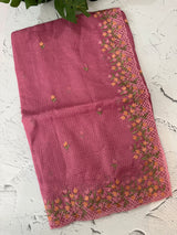 Soft kota checks saree with embroidery  - MS7843 Pink