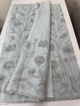 Soft Moonga checks saree with prints and embroidery MSH154 - BluishGrey