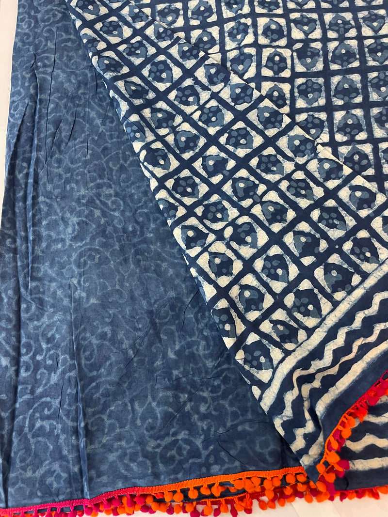 Pure mul cotton hand block printed saree SKSRMY