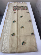 Tissue linen saree with chikankari borders MLS8976