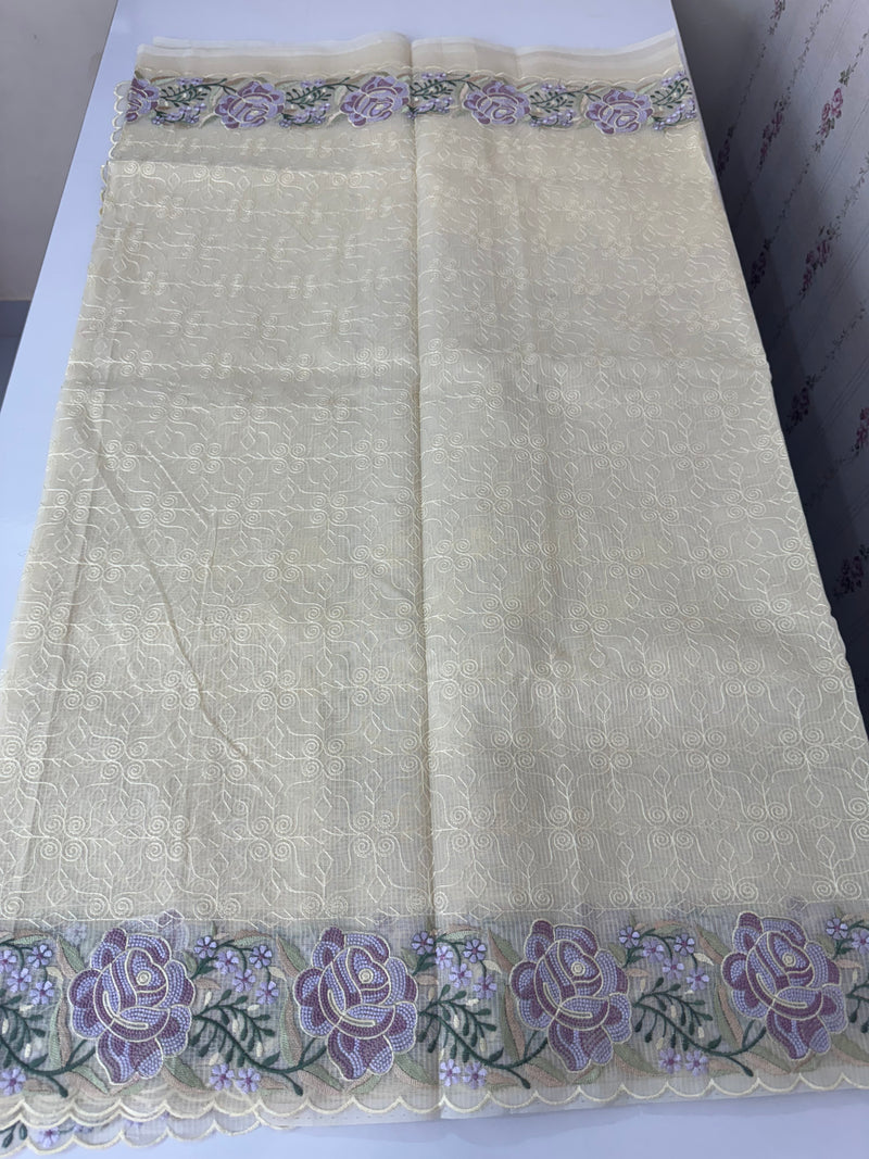 Phulkari NetKota embroidery saree - MSH107 Offwhite to Lavender