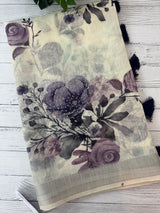 Handworked floral digital printed semi Linen Saree MLS611