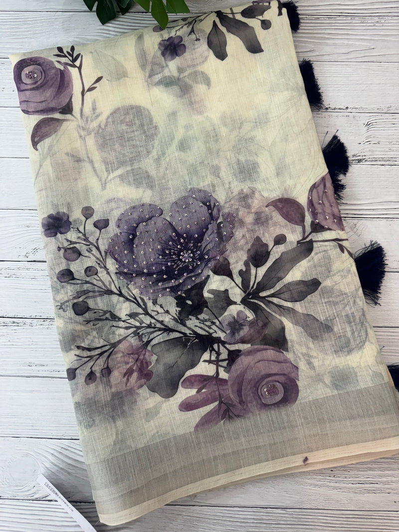 Handworked floral digital printed semi Linen Saree MLS611