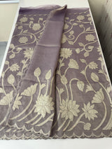 Dual tone Crush silk Organza Applique work saree MS14567- GreyishMauve