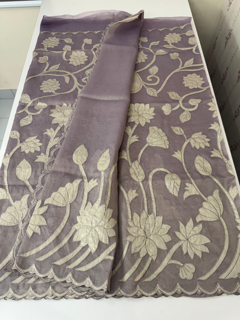 Dual tone Crush silk Organza Applique work saree MS14567- GreyishMauve