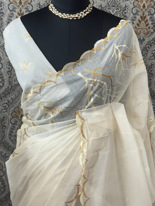 Mul chanderi embriodery saree with scalloped borders MCBS654