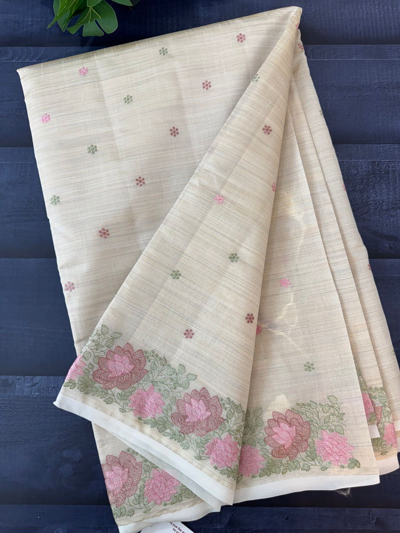 Soft semi tussar silk saree with embroidery-MSCS639