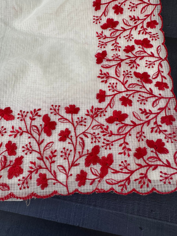 Kota silk saree with embroidery MSB643 OffWhite & Red