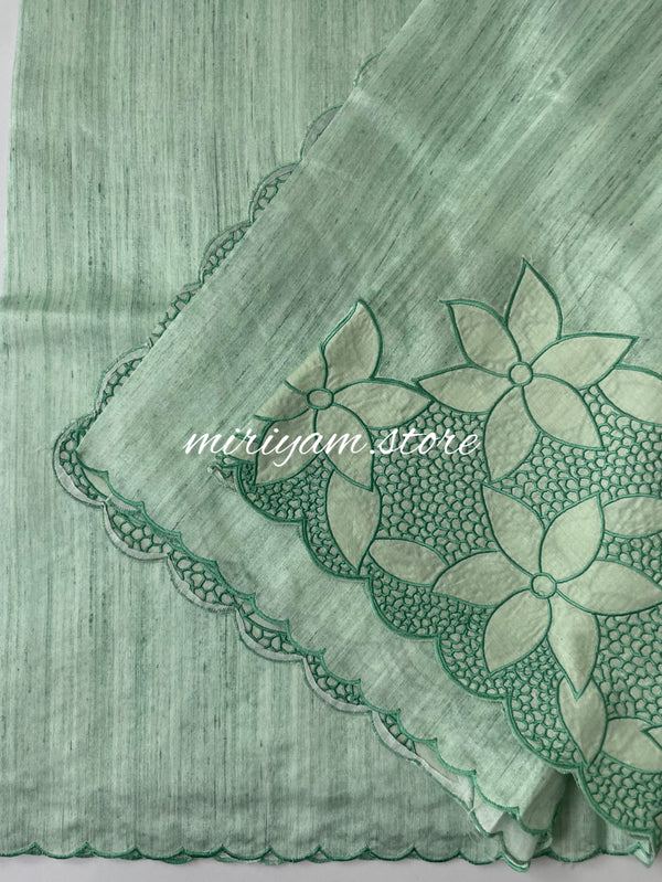 Crepe semi tussar saree with embroidery and scalloped border MCSS655 - Pastel Green