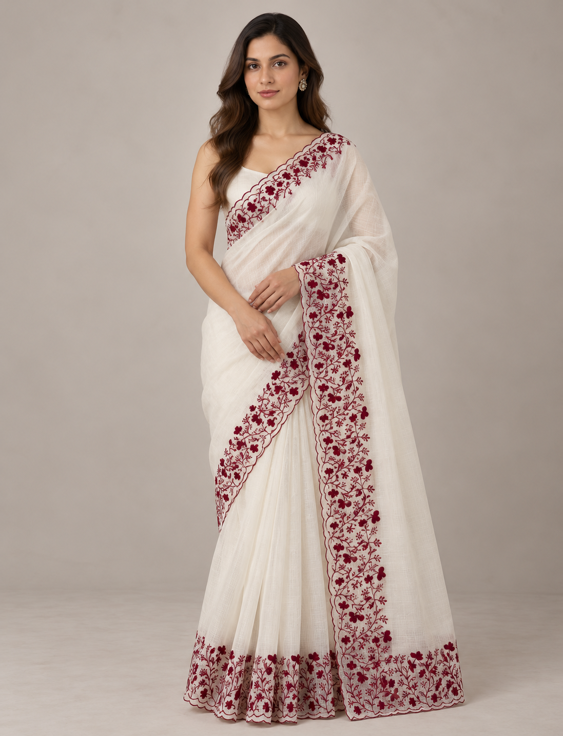 Premium Kota Moonga checks saree with embriodery borders MSH122 - White to DeepRed