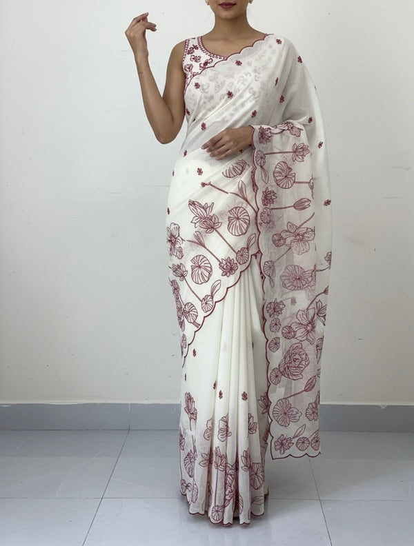 Mul chanderi embriodery saree  MSH135 - Offwhite & Red (Design2)