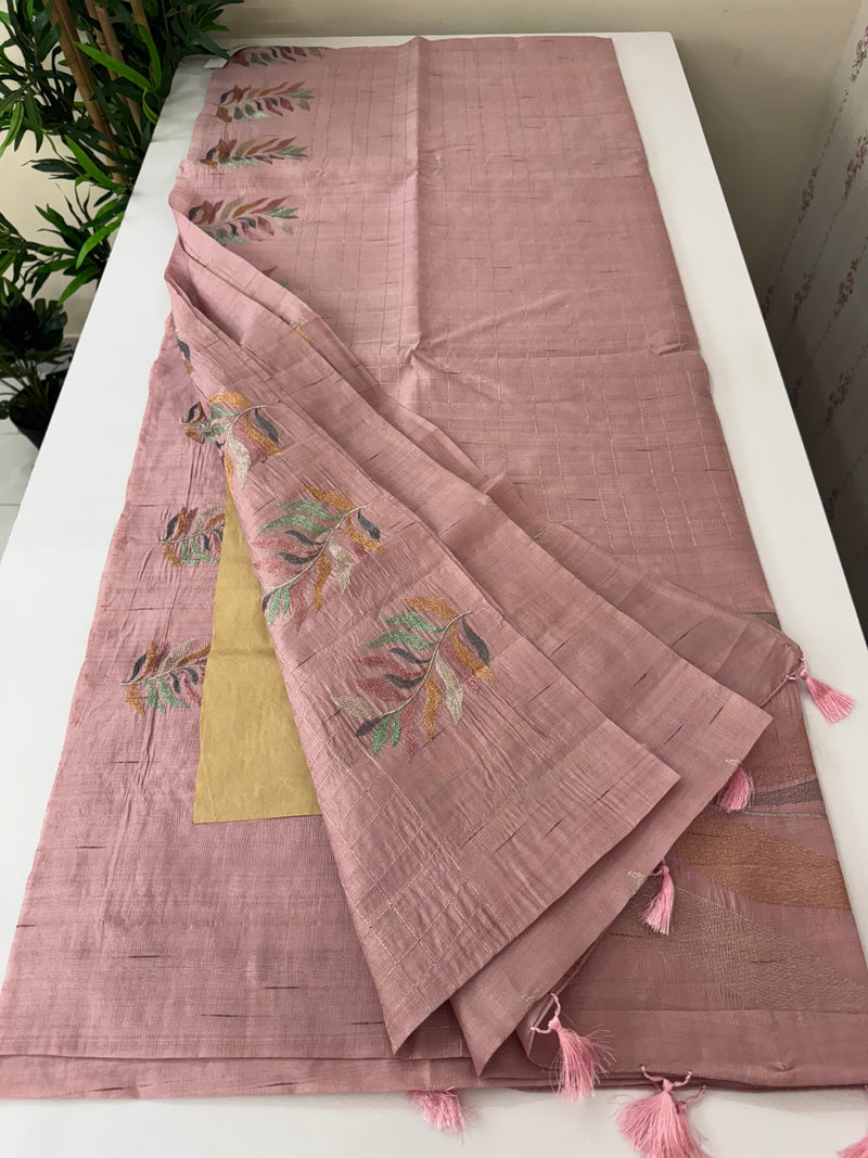 Crushed Blended tussar silk saree with embroidery- SNFCYEY OnionPink