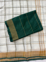 Linen big checks saree with zari border MLS9767- BottleGreen