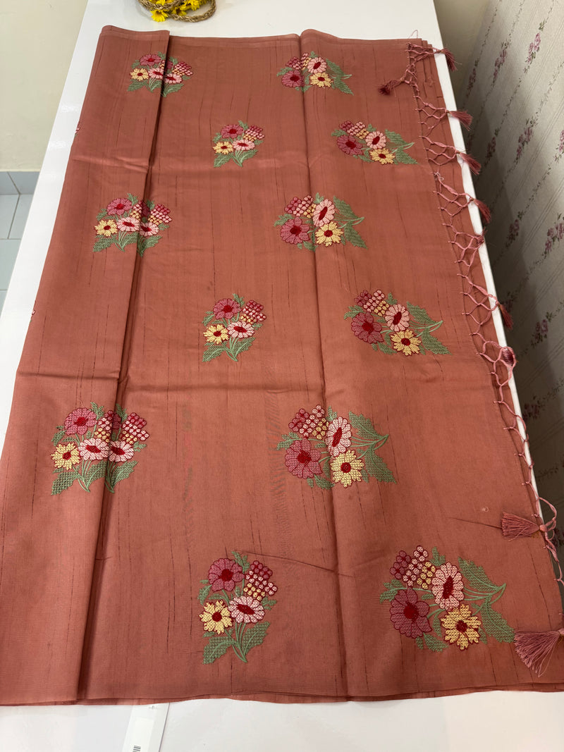 Blended tussar silk saree with embroidery - MS90654 Peach