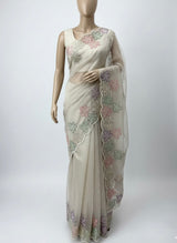 Handworked glass organza saree with applique work- MSHW227 - Beige