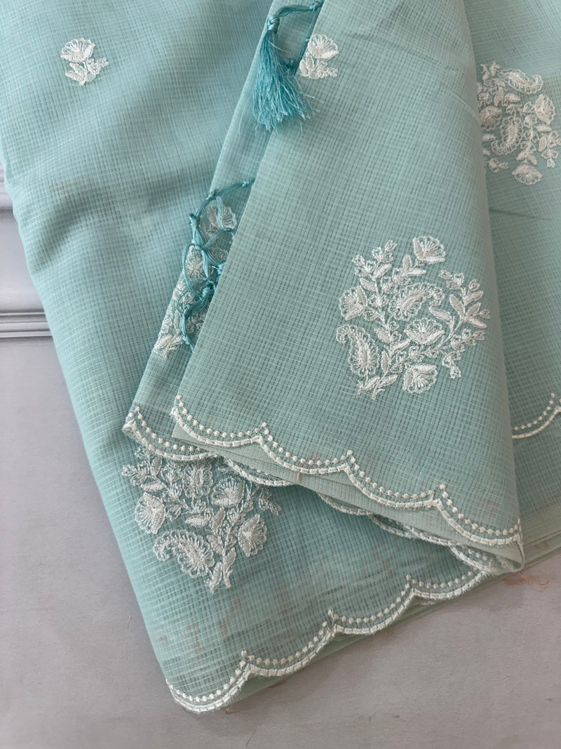 Soft kota checks saree with embroidery BFW497 - PastelBlue