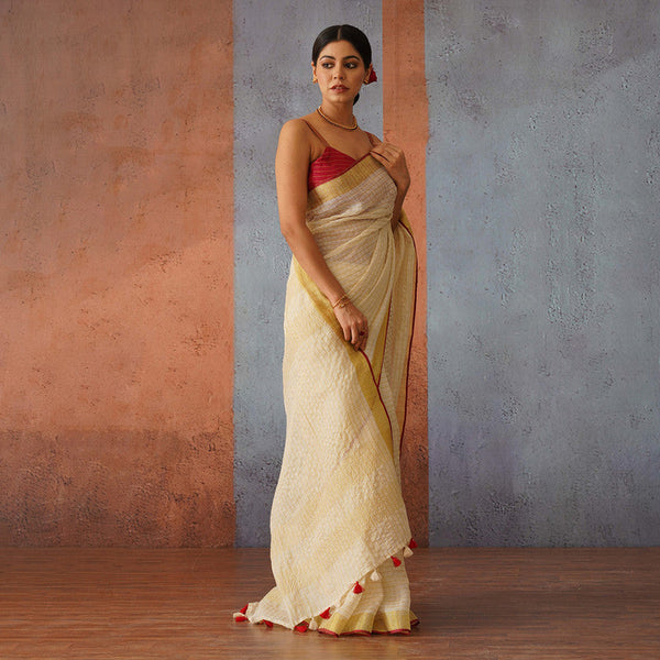 Linen saree with gold zari checks MLS9766- RED
