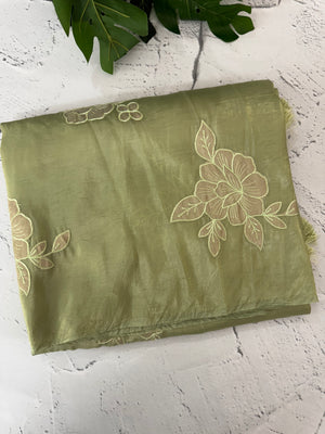 Soft Crush Organza Applique work saree with tissue applique work MS14978 Green
