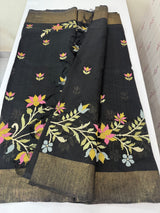 Jute Linen saree with embroidery MSH7511 - Black