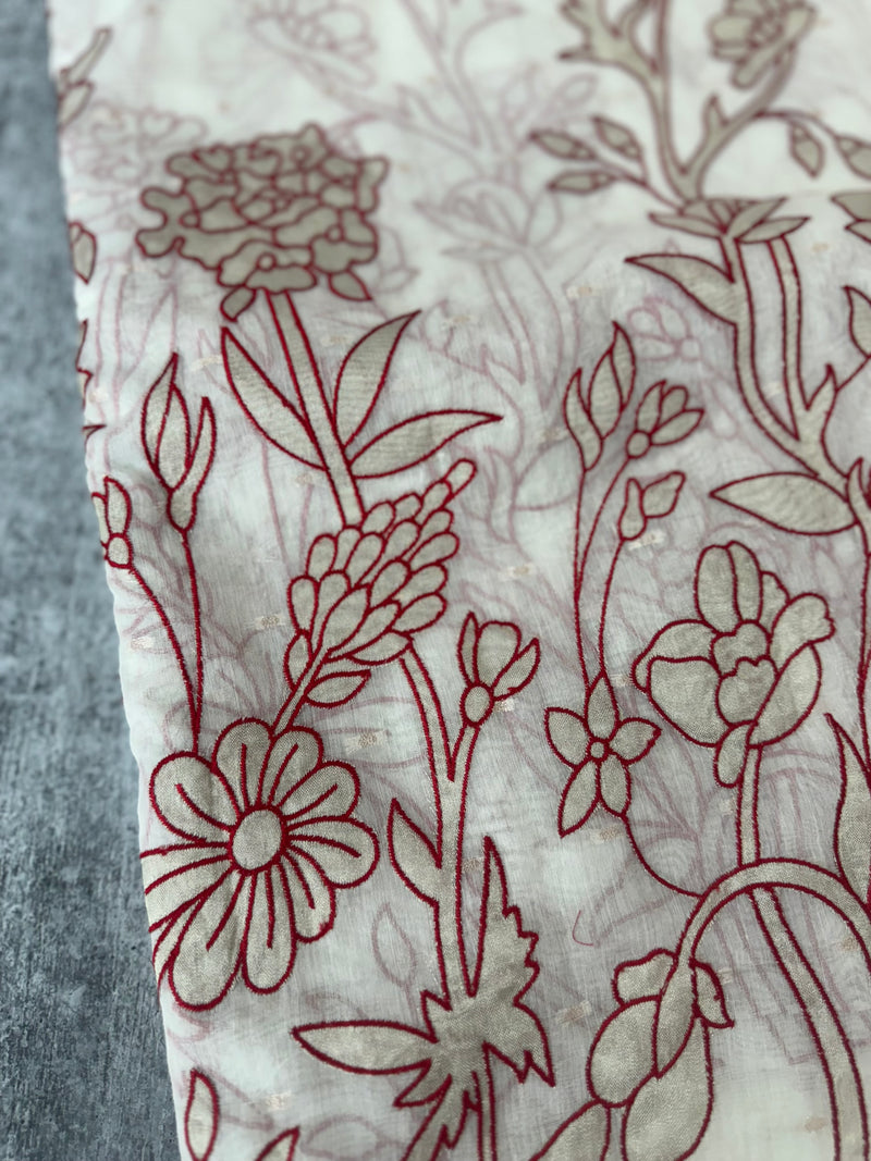 Mul chanderi applique work saree  MSH132 - Offwhite & Red