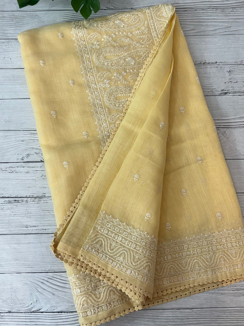 Semi linen saree with chikanakari embroidery- MS15086 PastelYellow