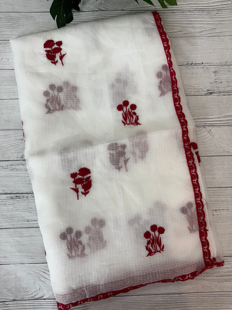 Soft kota checks saree with embroidery - SVTS29 white & red