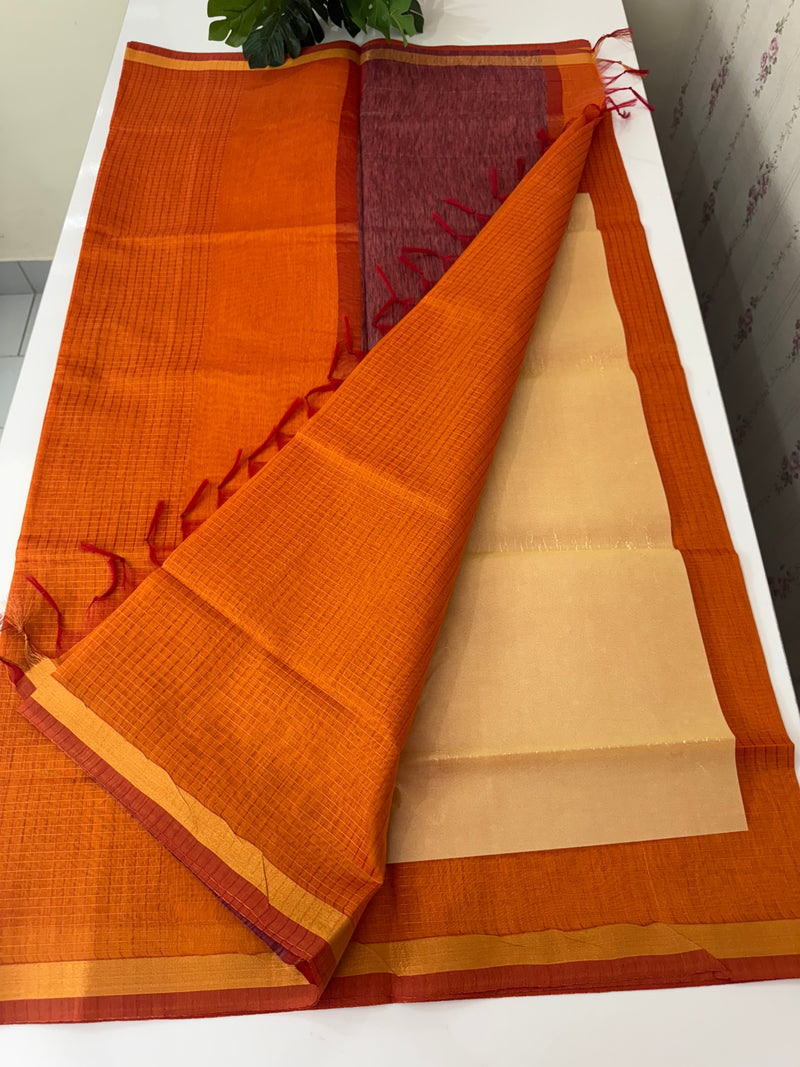 Mangalagiri Silk Cotton Saree  with zari checks MS90321 Orange
