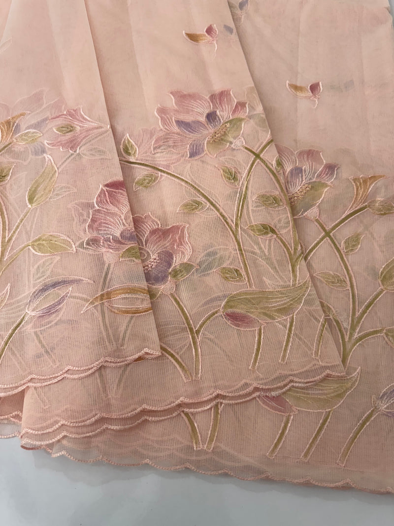 Supernet saree with embroidery and handpaintingwork MSH104- PastelPeach