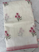 Lightweight Supernet saree with cross stitch embroidery MS142 - White to Pink