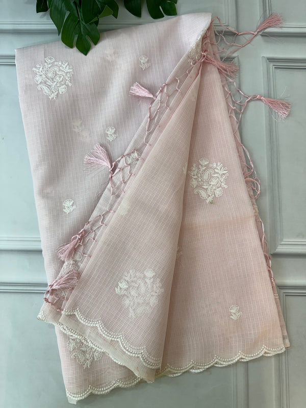 Soft kota checks saree with embroidery BFW497 PastelBabypink