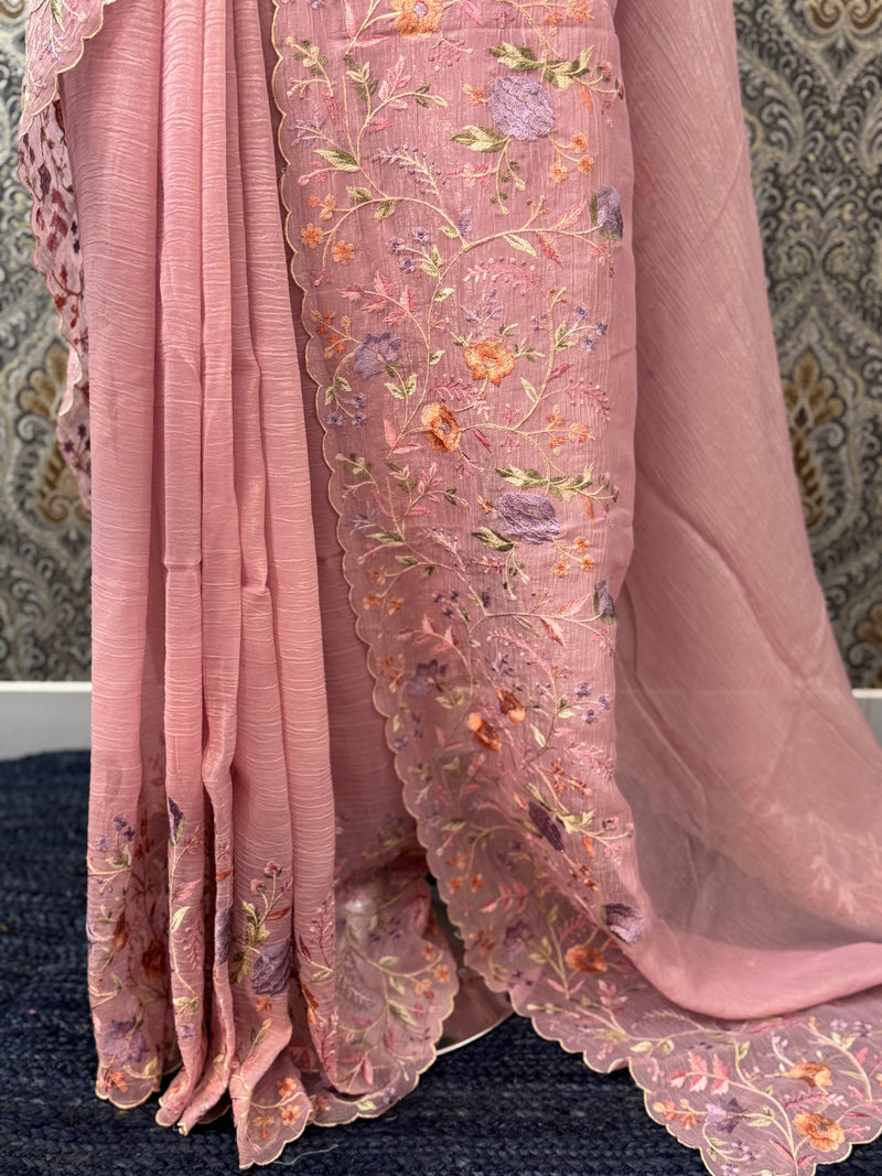Crepe Crush chiffon organza saree with embriodery MS9702