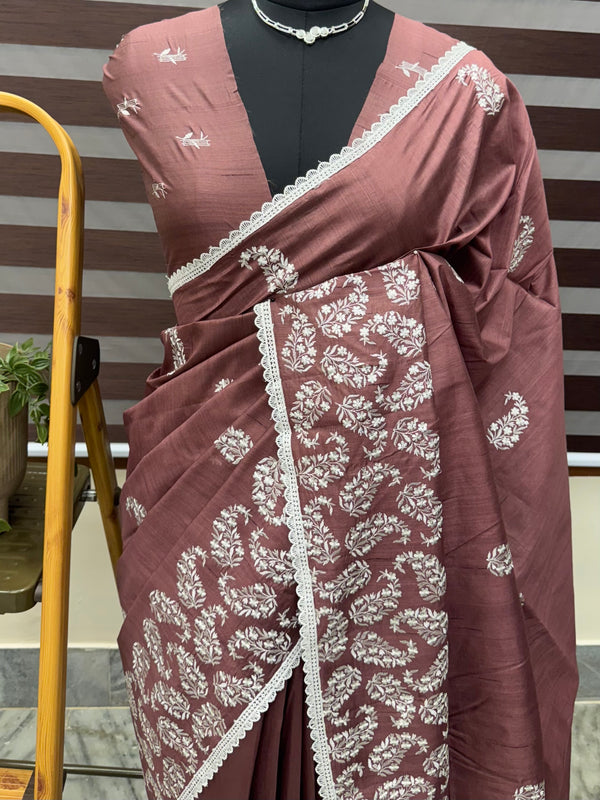 Matka tussar silk saree- MTKA613- DUSKY WINE