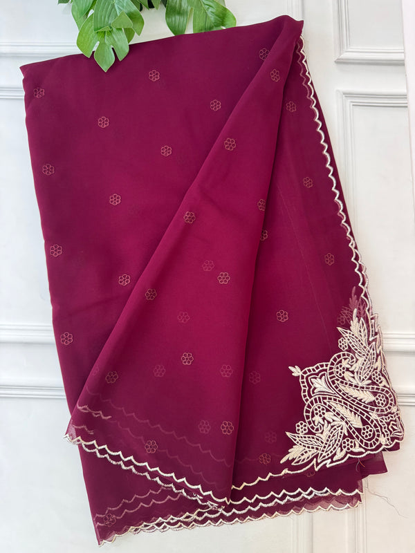 Georgette saree with scalloped border FCAD146 Wine