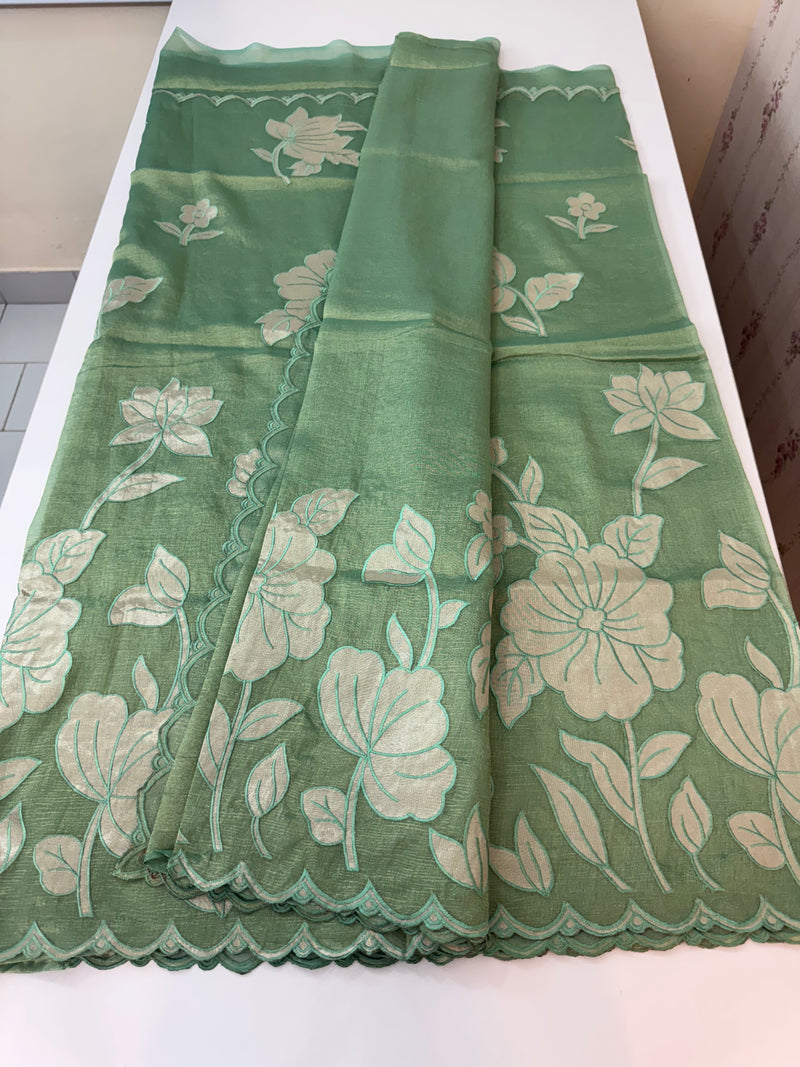 Dual tone Crush silk Organza Applique work saree MS14567- JadeGreen