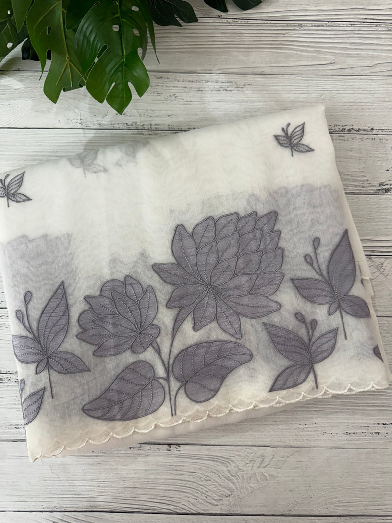 Tissue mix soft silk saree with applique work MTSS5432 White to Grey