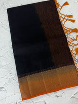 Jute silk sarees with contrast pallu & blouse MJL396 Black to Mustard