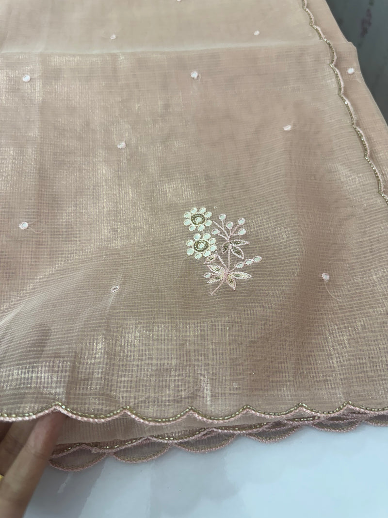 Tissue silk saree with foil work and cutdana scalloped border MTSS432- NudePink