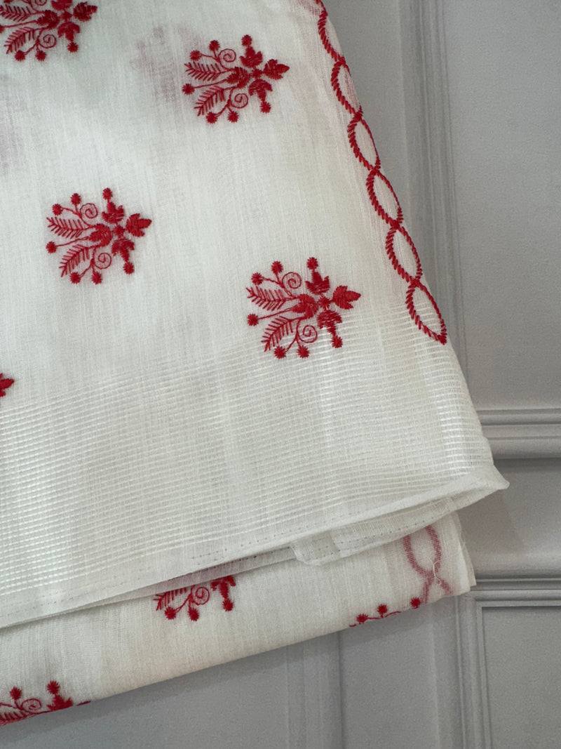 Slub cotton embroidery saree MSCB659 White & Red