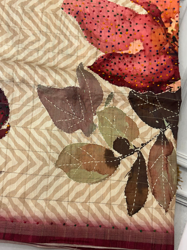 Blended tussar silk saree with french knots, sequence and kanta work - MS14855