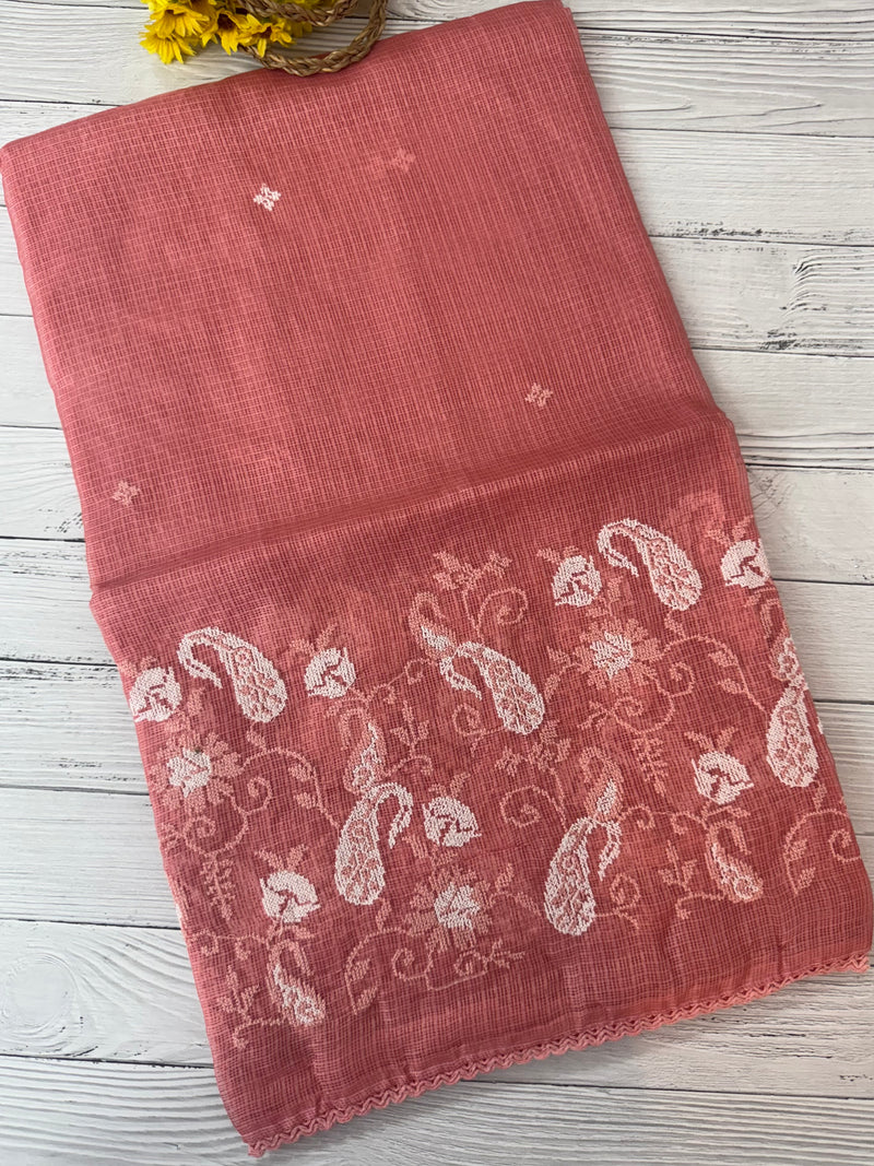 Soft kota checks saree with embroidery SVPIIY- Peach