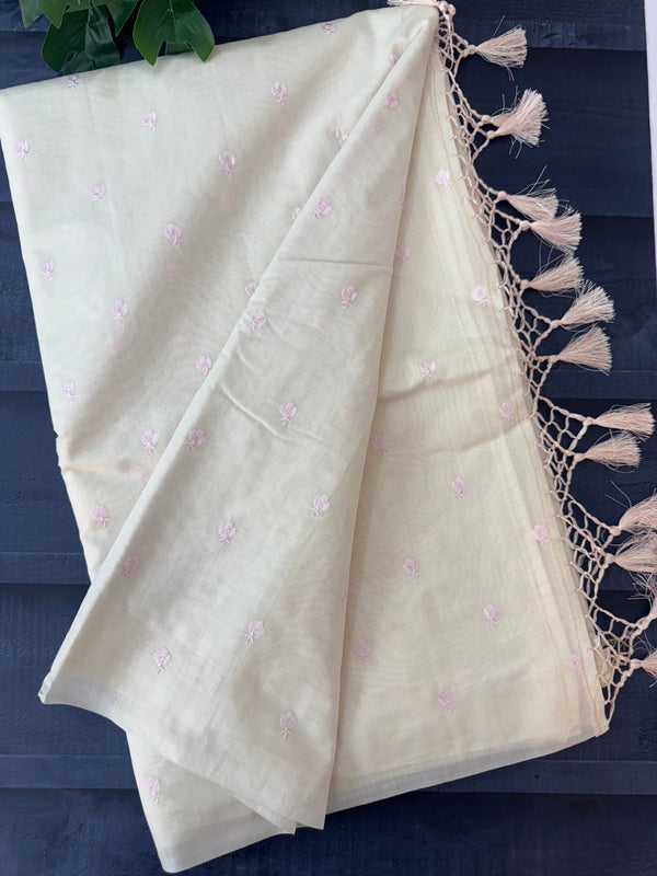 Mul chanderi saree with embriodery MSH114 - Pastel Pink flowers