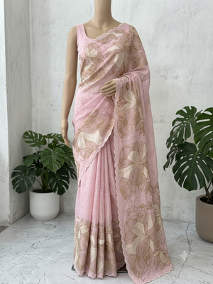 Jute Linen saree with thread work MSH206 - Pink