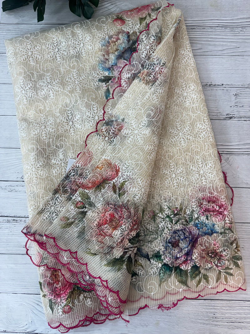 Phulkari NetKota Embroidery and digital printed saree - OffWhite MS6001