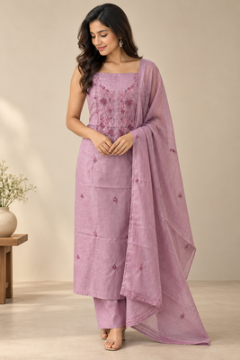 Unstitched Handworked Chanderi suit Set with kanta work- MK269