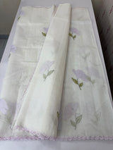 Moonga checks saree with applique work MS81789 - White to Lavender