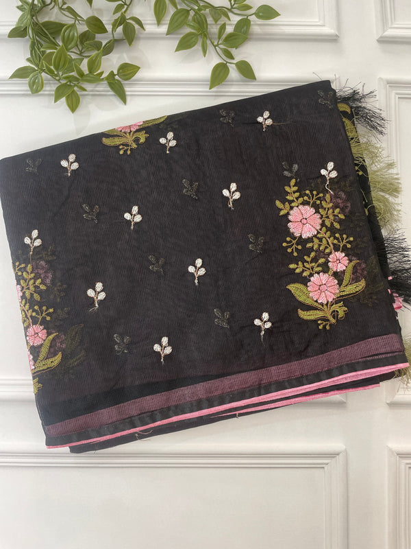 Supernet embroidery saree with contrast blouse MSUP219 Black & pink