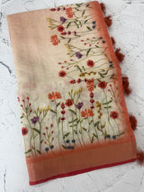 Handworked floral digital printed semi Linen Saree MS14775 (1)