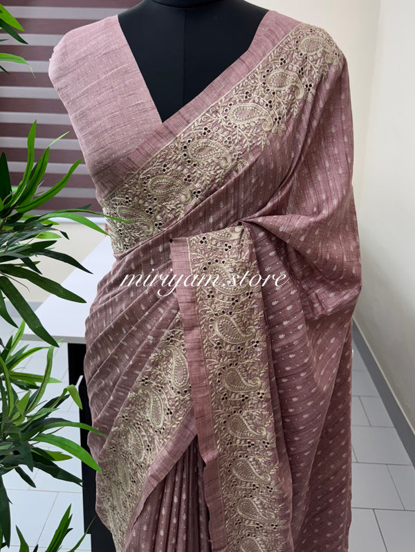 Cutwork blended tussar saree MTS607 - Dusky OnionPink