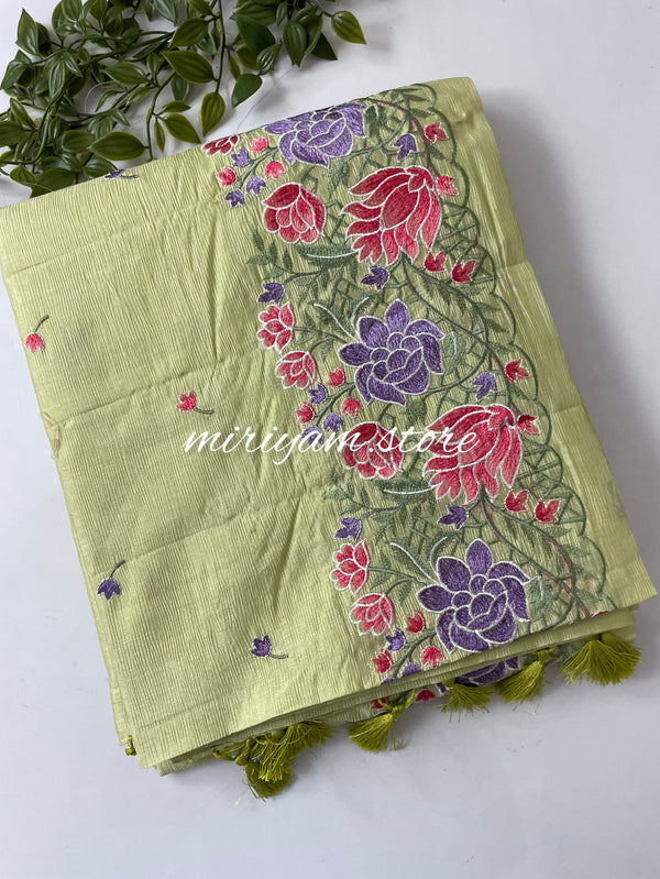 Crushed semi tussar silk saree with embroidery- SNFCYEY33 PastelGreen