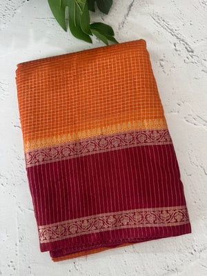 Semi silk saree with checks zari weaving  MS81543: Orange to MaroonRed